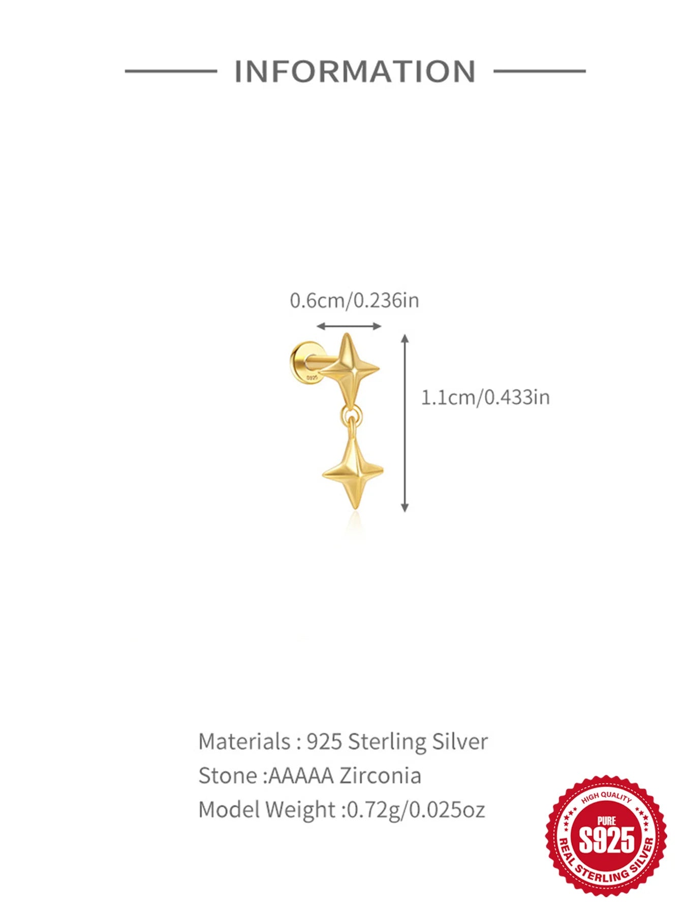 VAV 1PC 925 Sterling Silver Stud Earring For Women
