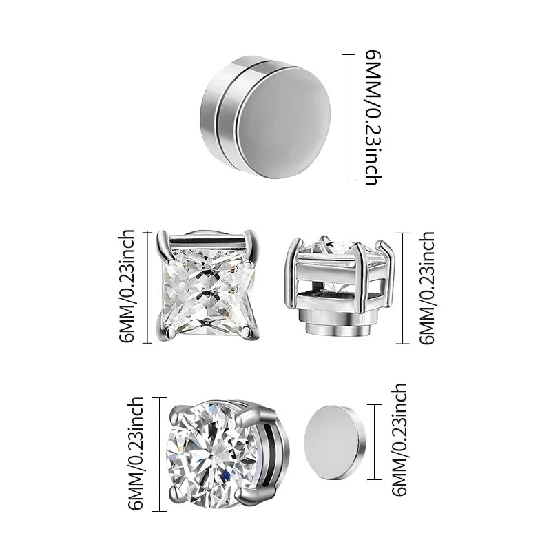 VAV 1/3Pairs 6MM Crystal Magnetic No-Pierce Stainless Steel Stud Earrings for Men