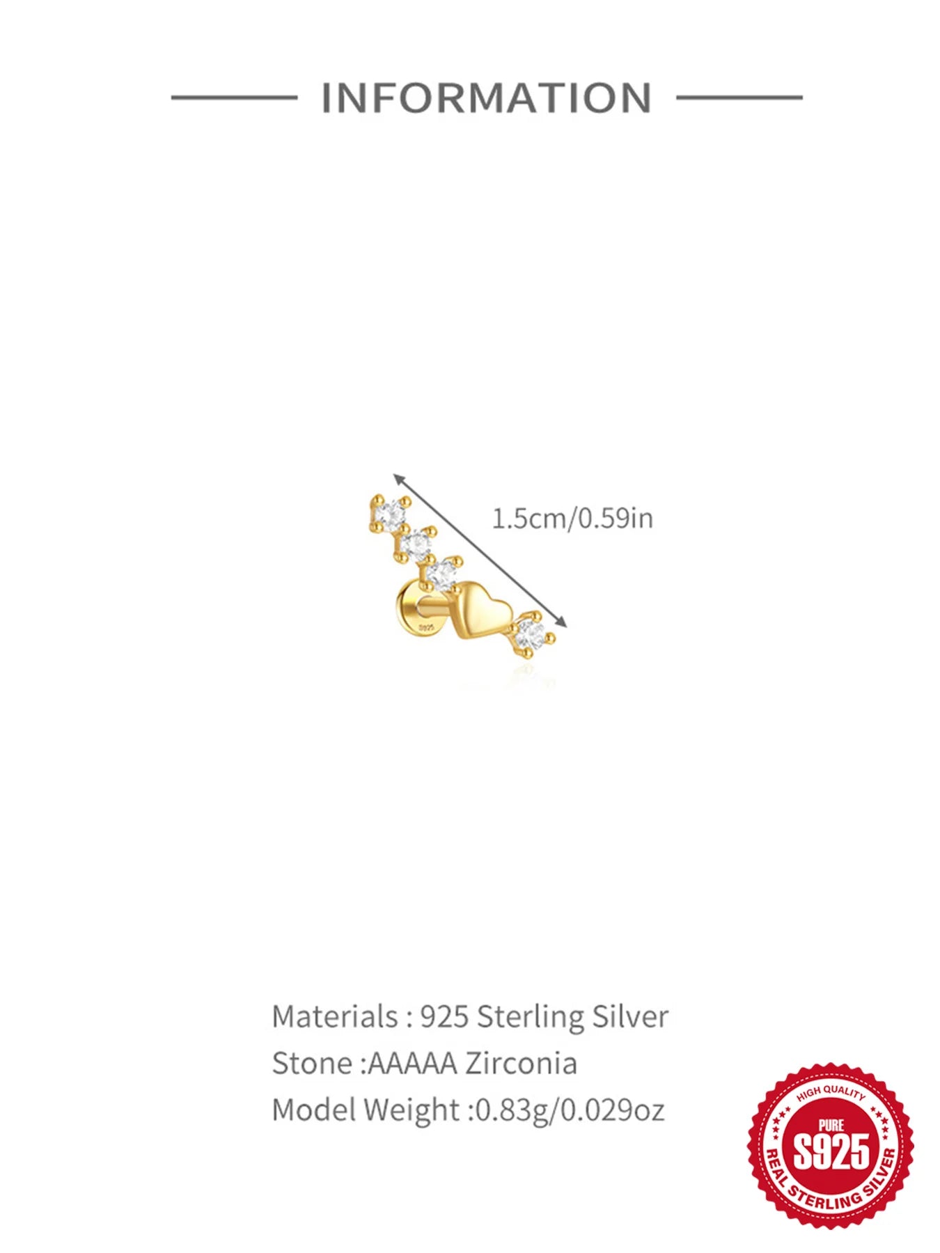VAV 1PC 925 Sterling Silver Stud Earring For Women