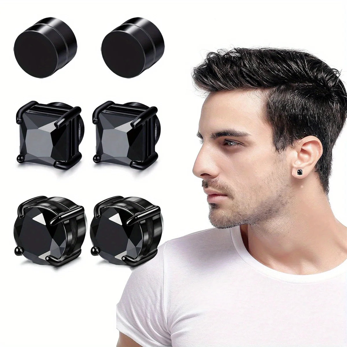 VAV 1/3Pairs 6MM Crystal Magnetic No-Pierce Stainless Steel Stud Earrings for Men