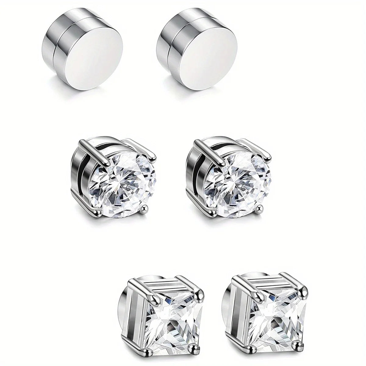 VAV 1/3Pairs 6MM Crystal Magnetic No-Pierce Stainless Steel Stud Earrings for Men