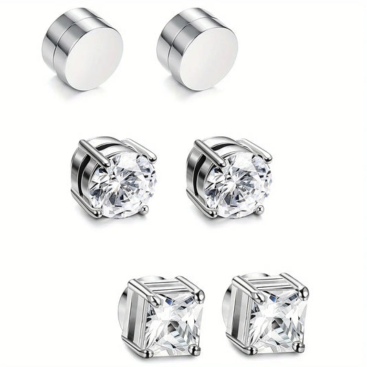 VAV 1/3Pairs 6MM Crystal Magnetic No-Pierce Stainless Steel Stud Earrings for Men