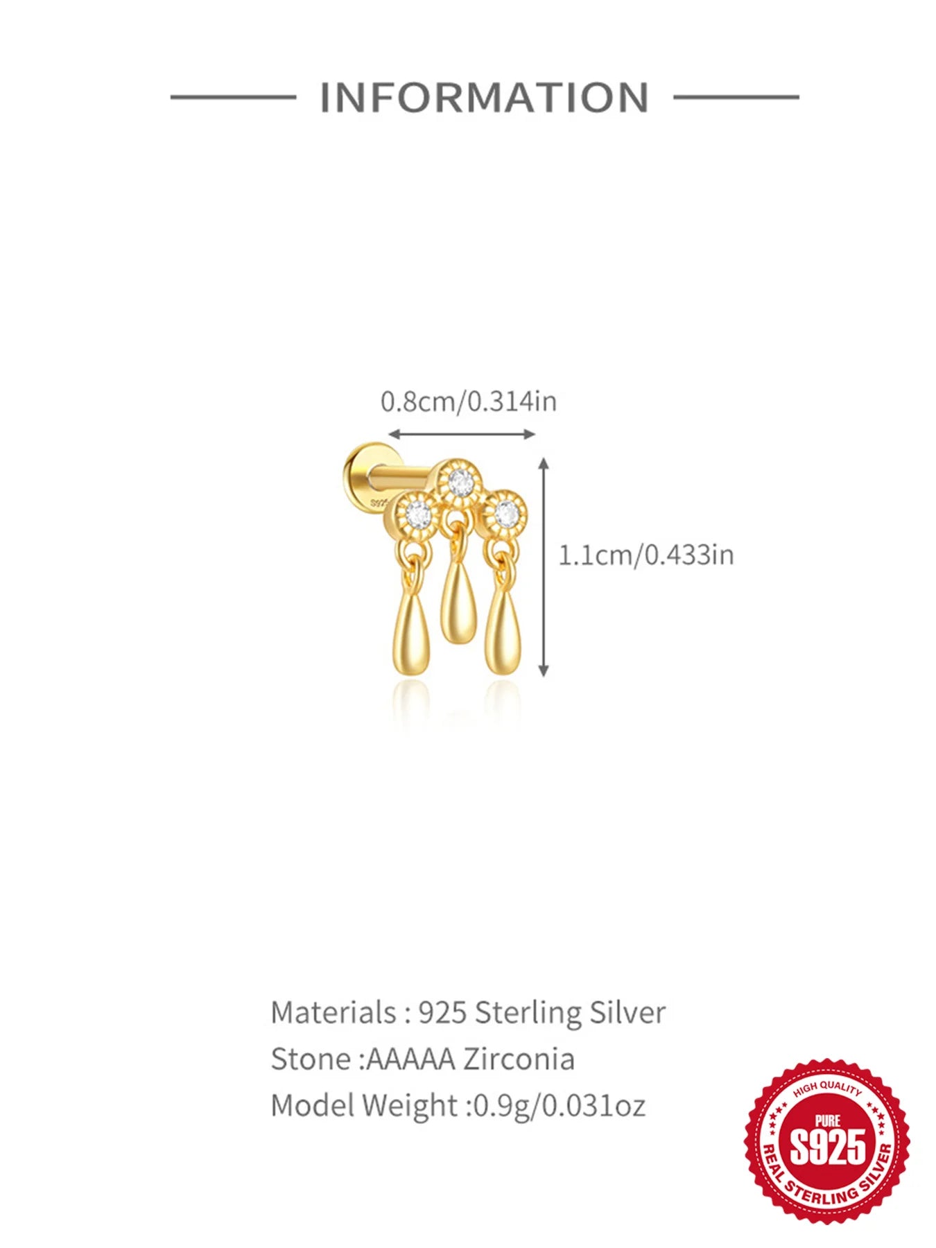 VAV 1PC 925 Sterling Silver Stud Earring For Women